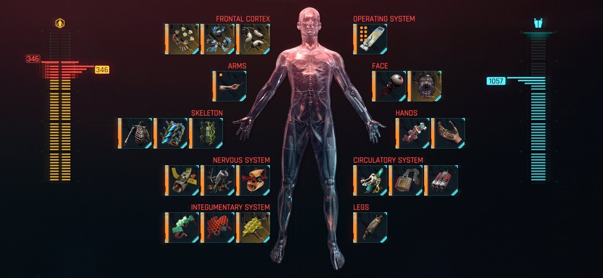 Cyberware equipment screen in Cyberpunk 2077 showing the recommended tertiary Cyberware mods only for the Netrunner build