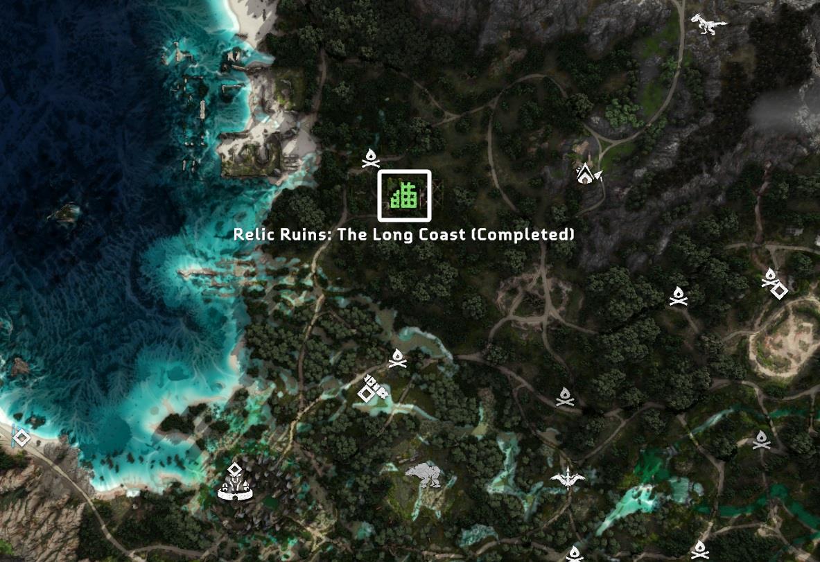 Map with the location of the Relic Ruins: The Long Coast