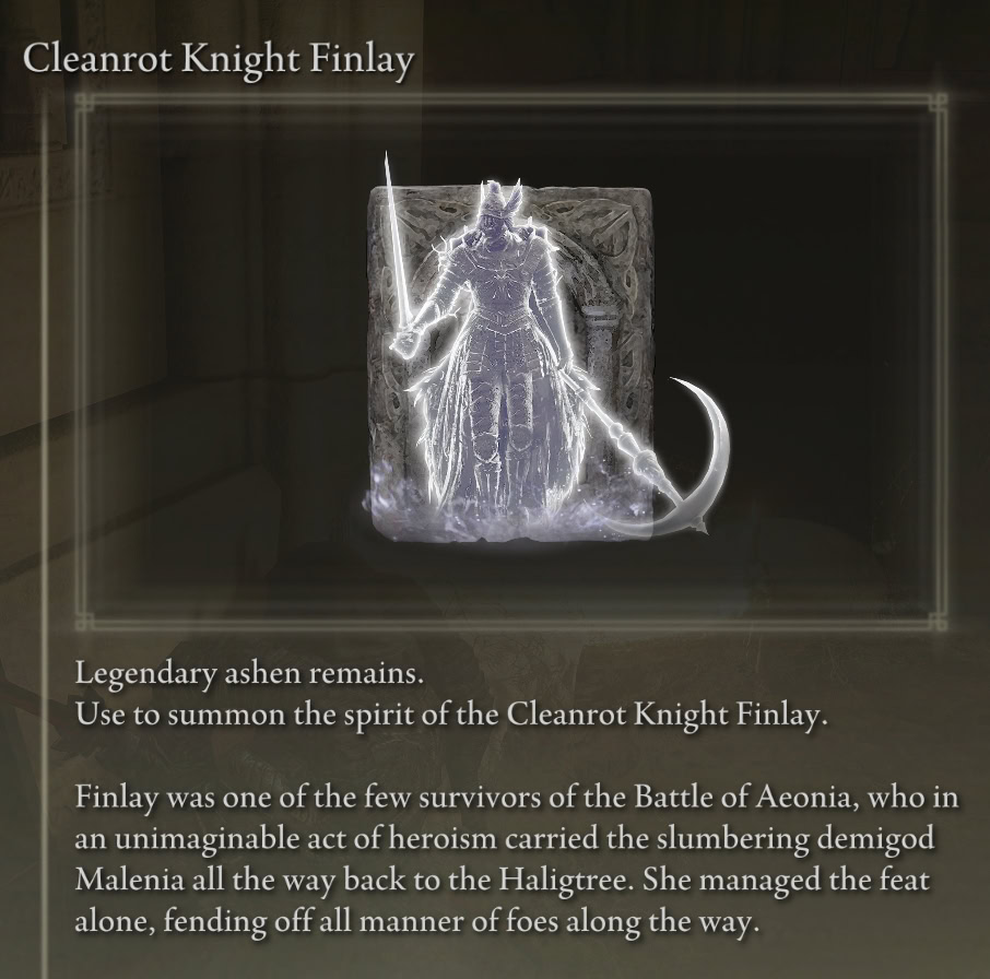 Description of the in-game item Cleanrot Knight Finlay from Elden Ring
