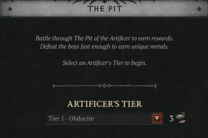 Diablo 4 Season 4 - Pit Matieral on Tier Select
