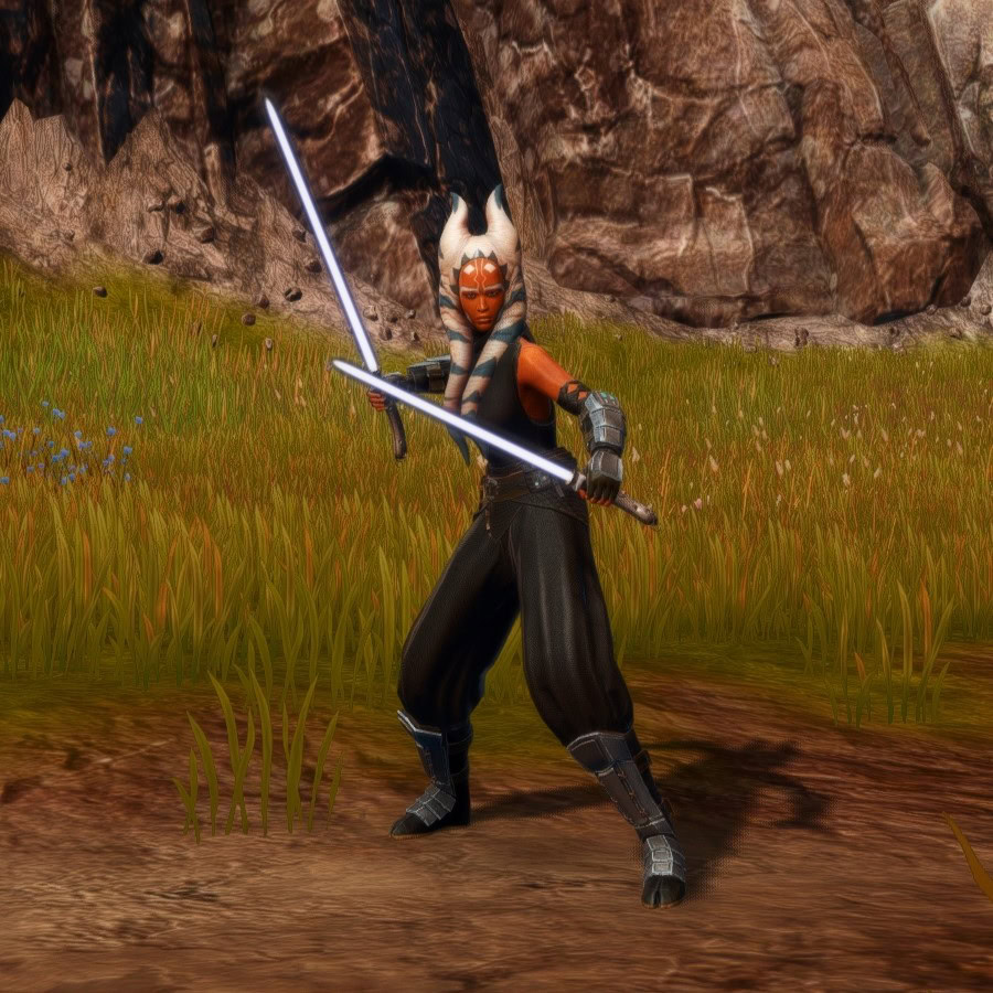 The Ahsoka character in SWTOR with lightsabers drawn out, ready for combat