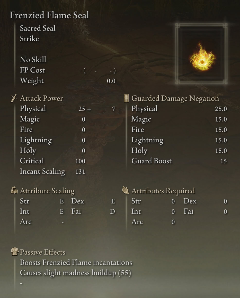 Frenzied Flame Seal stats