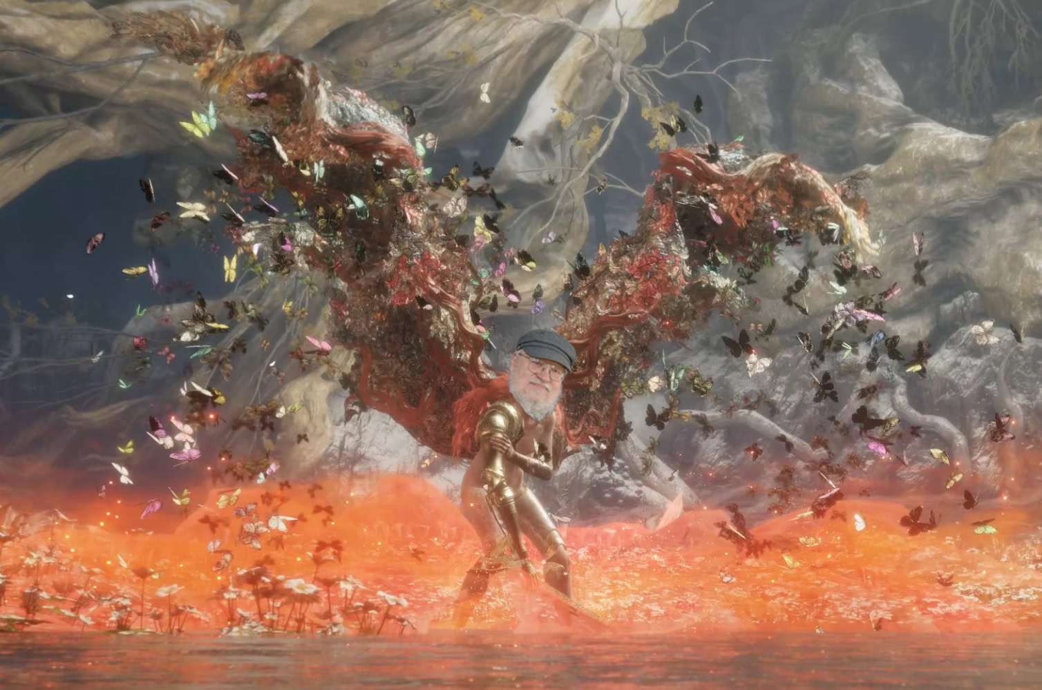 Another George Martin head on top of Malenia in a cinematic from the boss fight encounter in Elden Ring