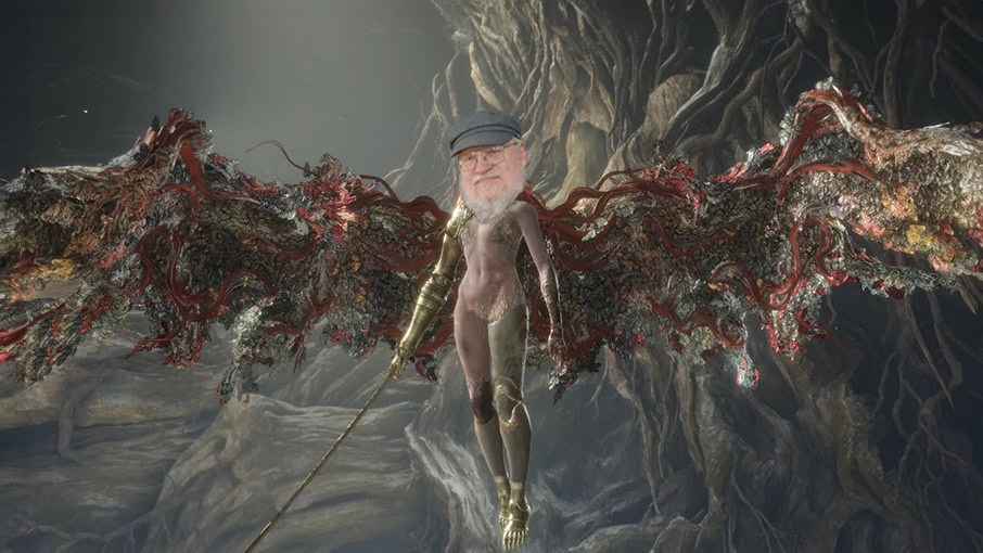 George R.R. Martin's head on top of Malenia's body, the toughest boss in Elden Ring