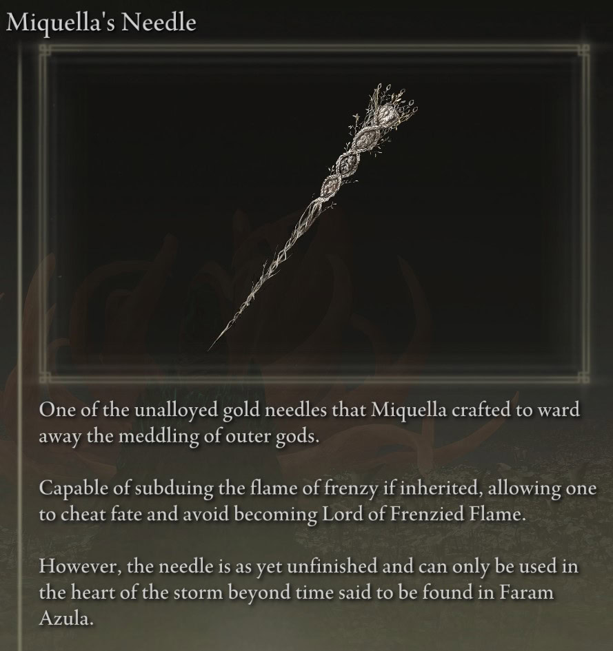 Miquella's Needle item description from Elden Ring