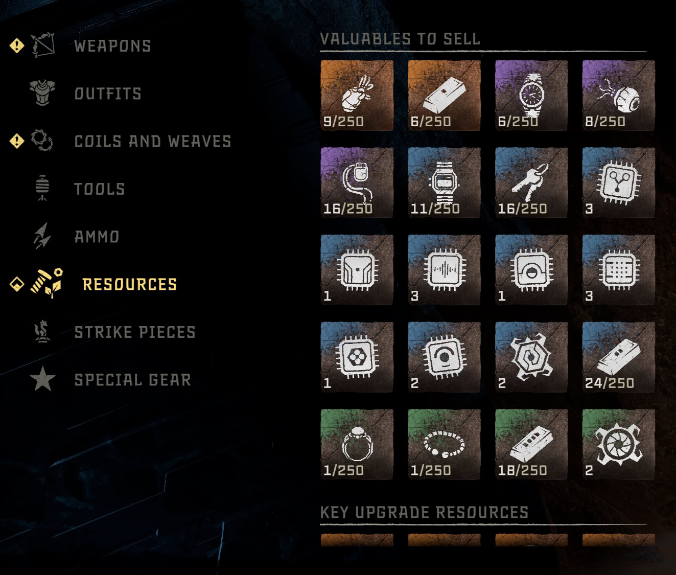 Resources Tab in Aloy's Inventory