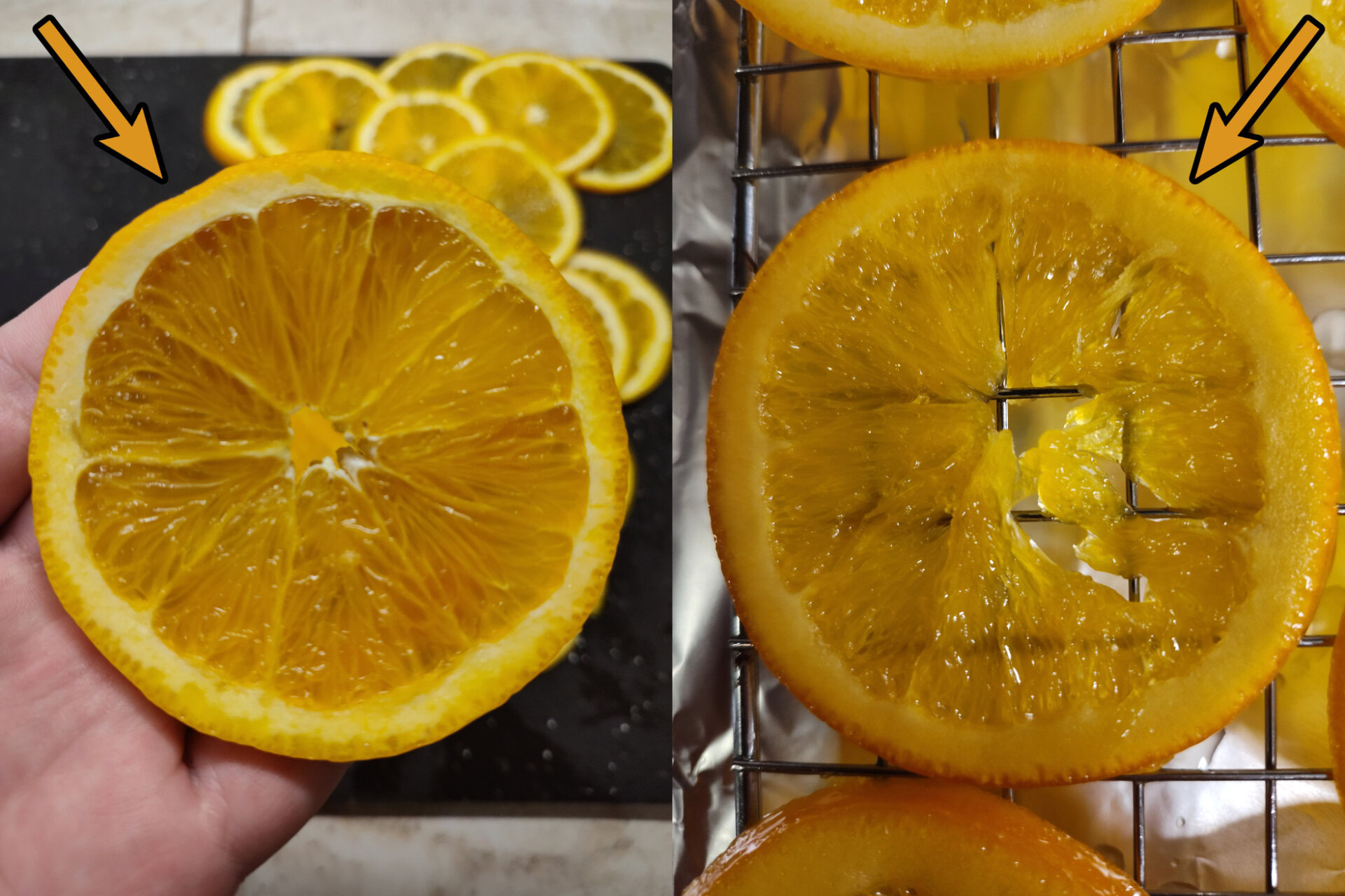 The orange slices before and after comparison - part of the SWTOR Bestine Threeberry Pie Recipe