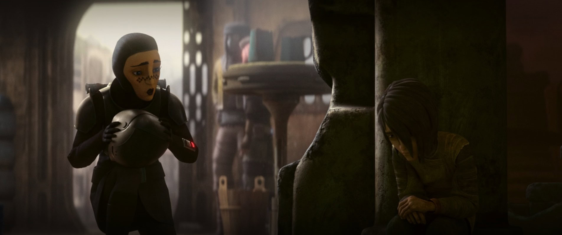 Barriss talks to a kid in a scene from Tales of the Jedi