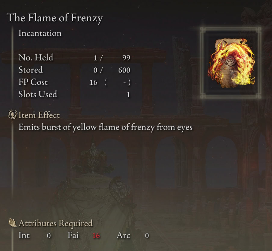 The Flame of Frenzy incantation stats