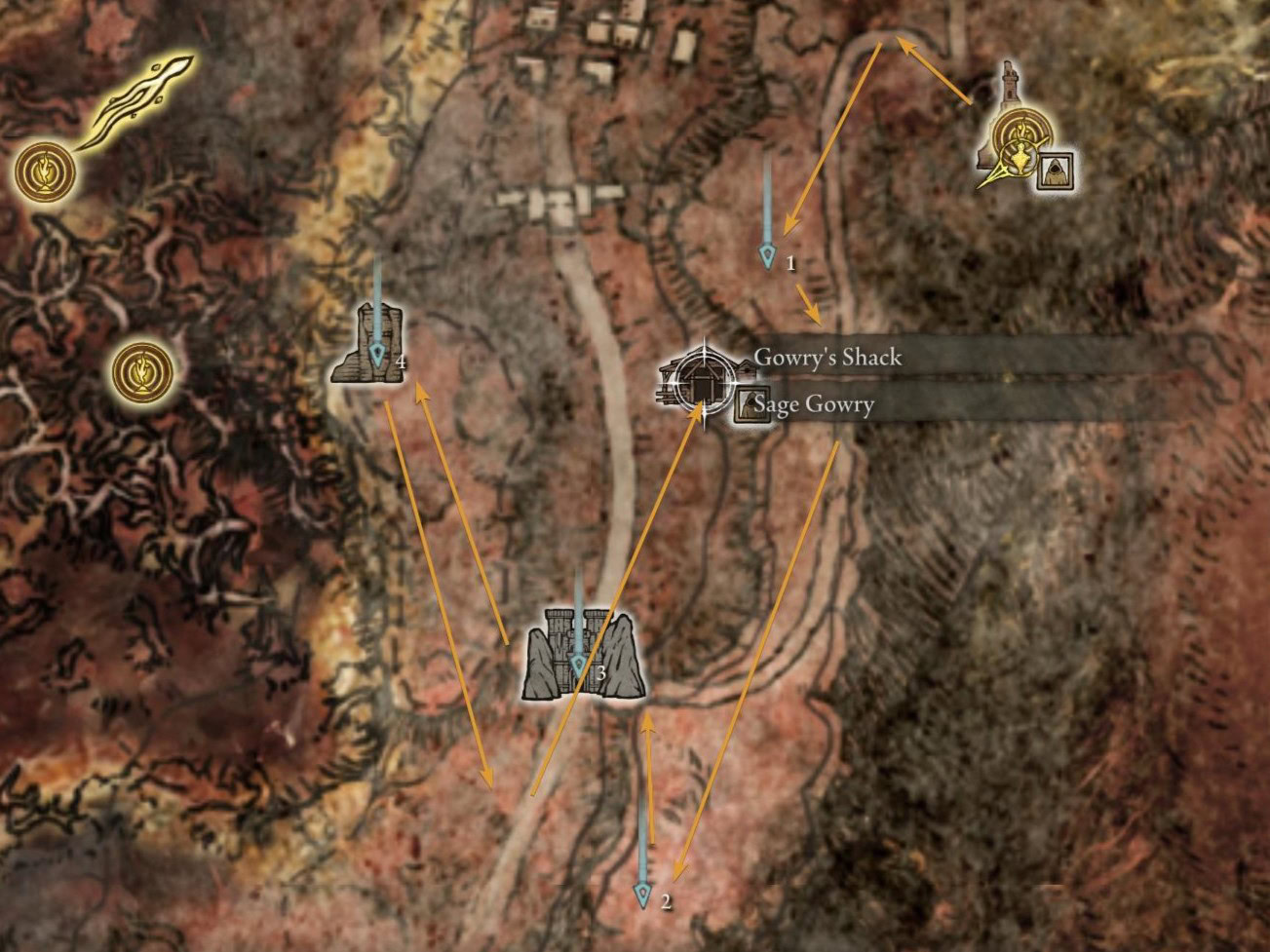 Map with a path for the optional activities you can complete after you visit the Church of the Plague in Caelid