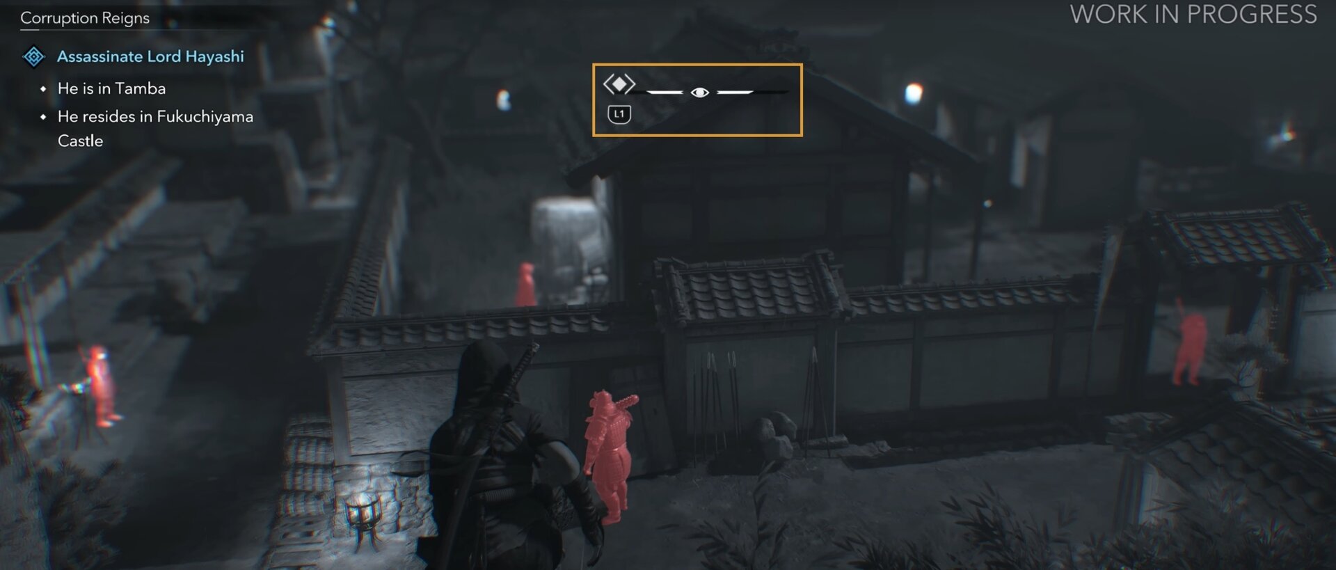 UI elements while infiltrating a guarded hostile area, a scene from the gameplay trailer of Assassin's Creed Shadows