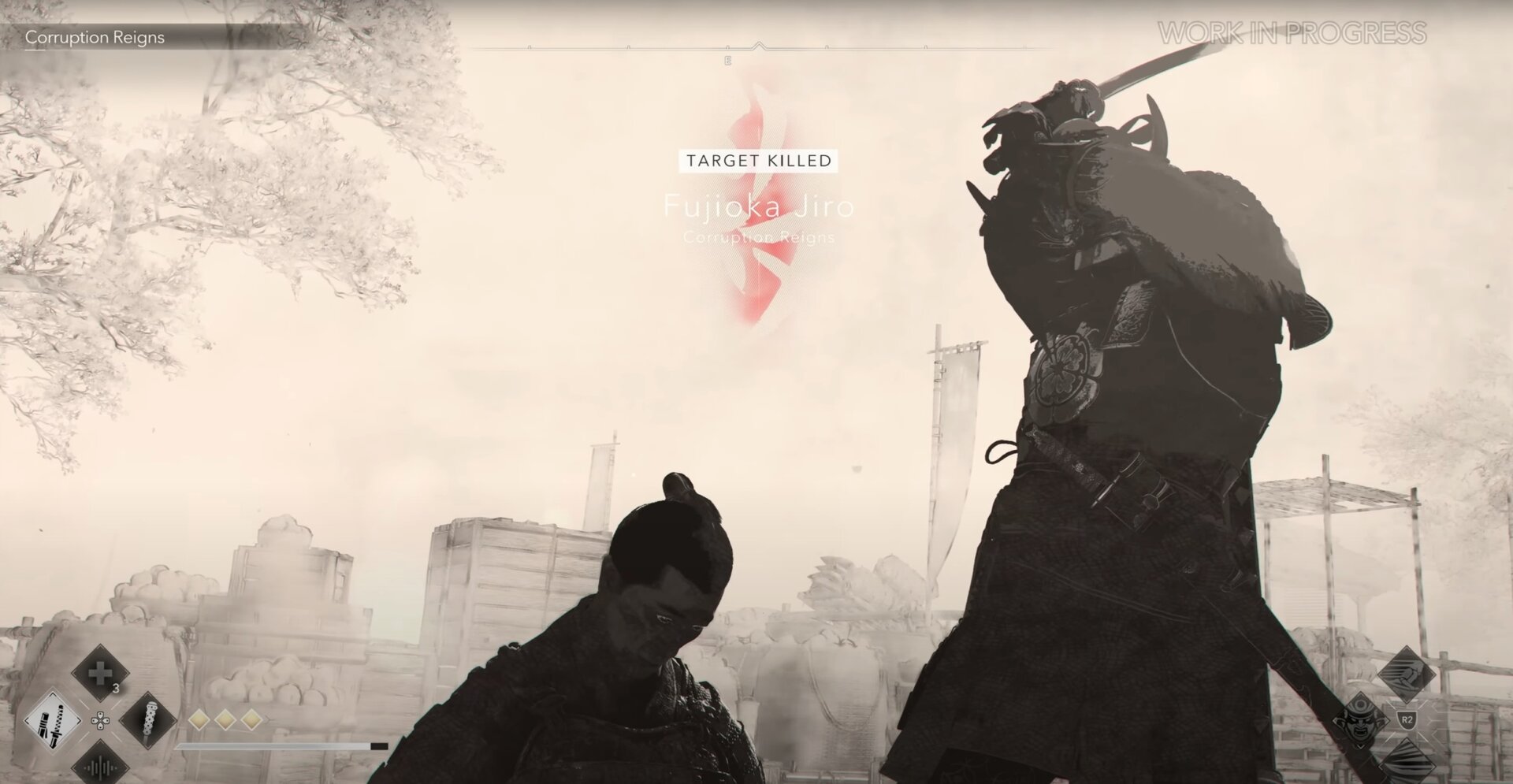 A finisher scene and animation in Assassin's Creed Shadows from the point of view of Yasuke
