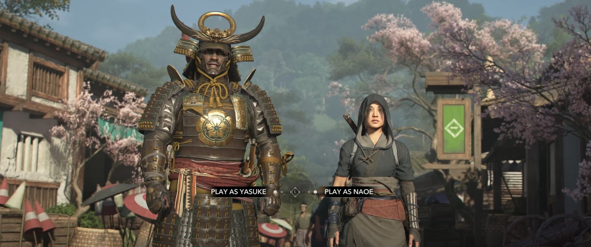 Screen presenting a choice to the player who they want to play as in Assassin's Creed Shadows: Yasuke or Naoe