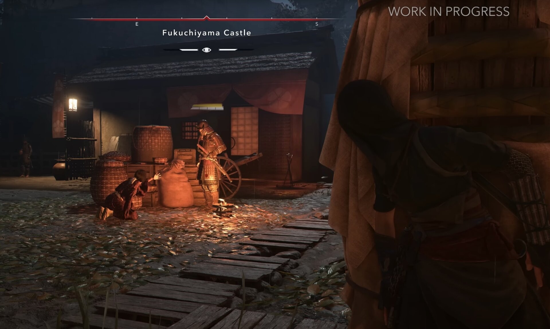 The main character is using a peak gameplay feature to check on a group of NPCs nearby