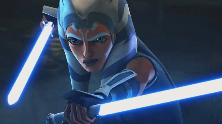 Ahsoka hoilding two lightsabers in a scene from the 7th season of Clone Wars