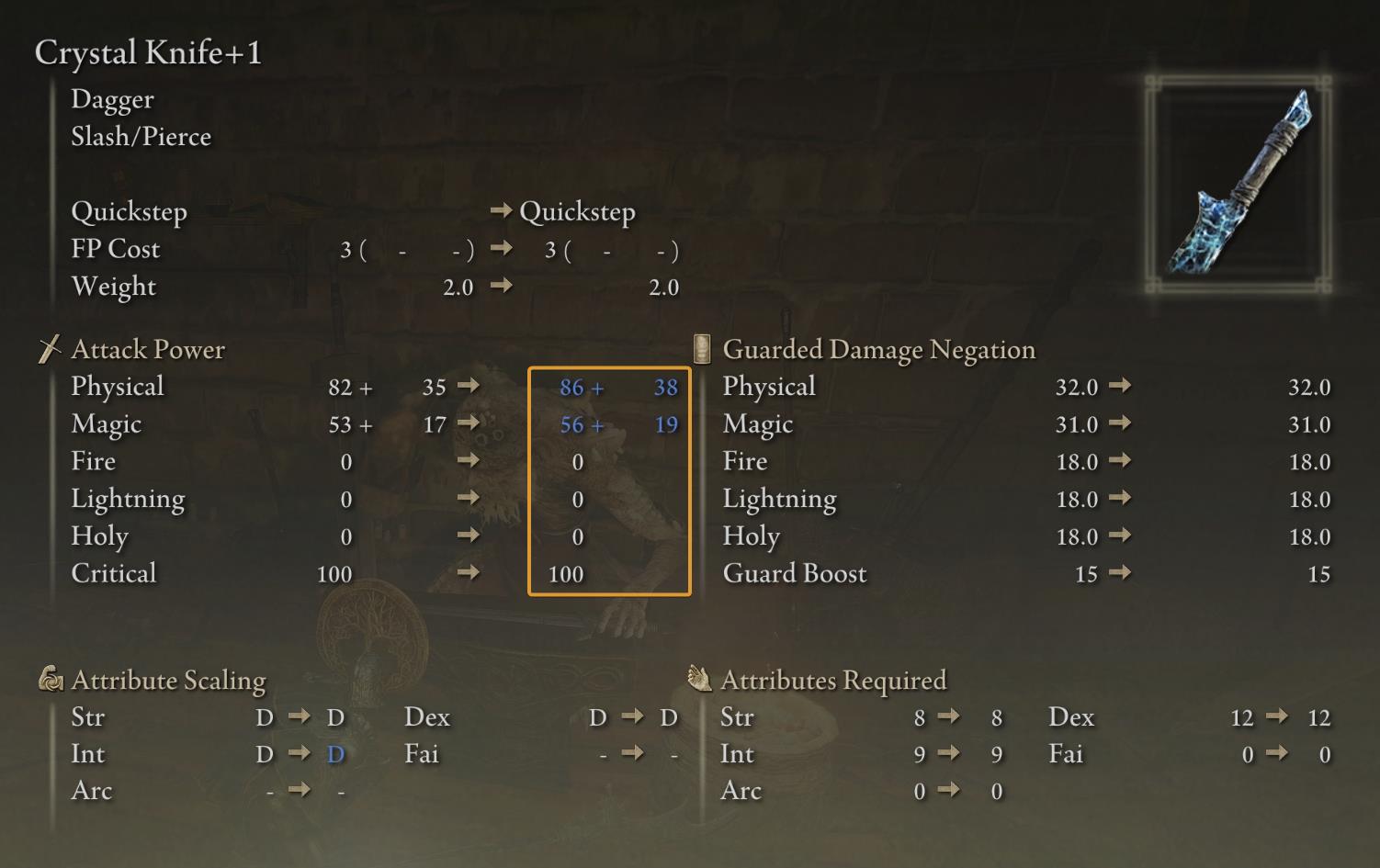 Item stats tab showing the Crystal Knife weapon with marked upgrade effects for its attack power