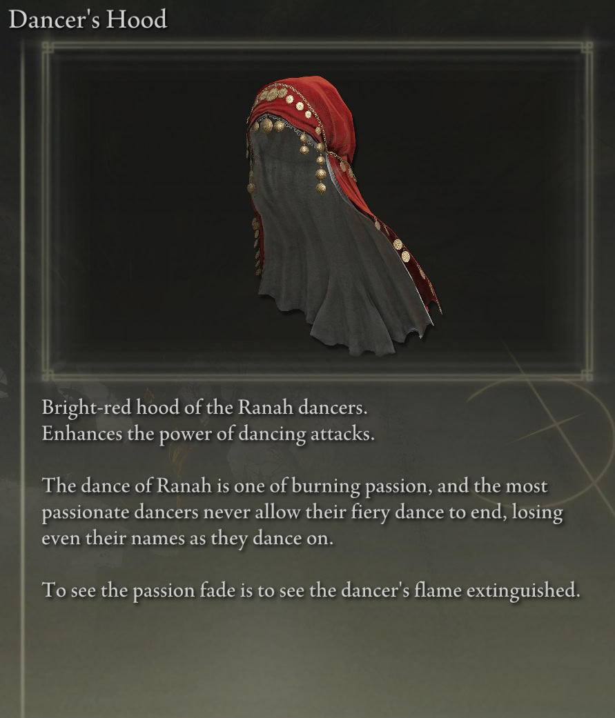 Shadow of the Erdtree Dancer's Hood Description