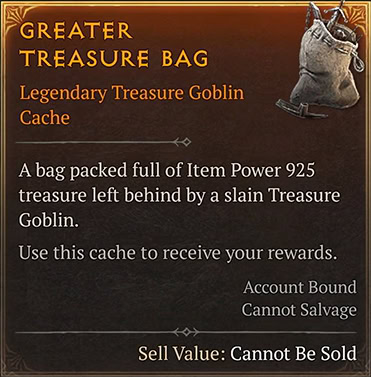 Greater Treasure Bag - item description form Diablo 4's first anniversary events