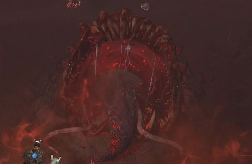 A Hellwyrm emerging to deploy enemies - part of a Helltide event in Diablo IV