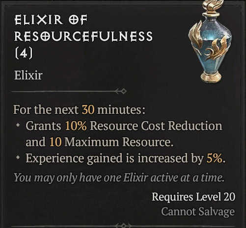 Item Description of Elixir or Resourcefulness in Diablo 4