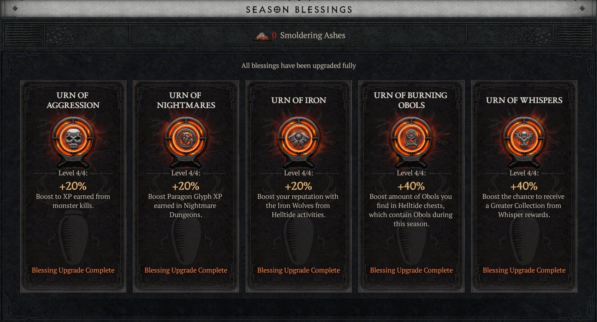 Season Blessings UI panel in Diablo 4 Season 4