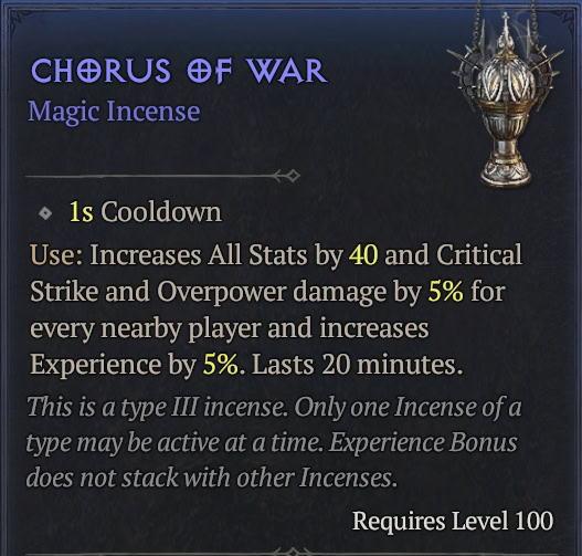 Chorus of War - Diablo 4 level up boost item