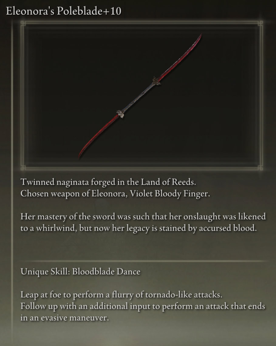 Recommended Melee Weapon for Elden Ring Bleed Build: Eleonora's Poleblade