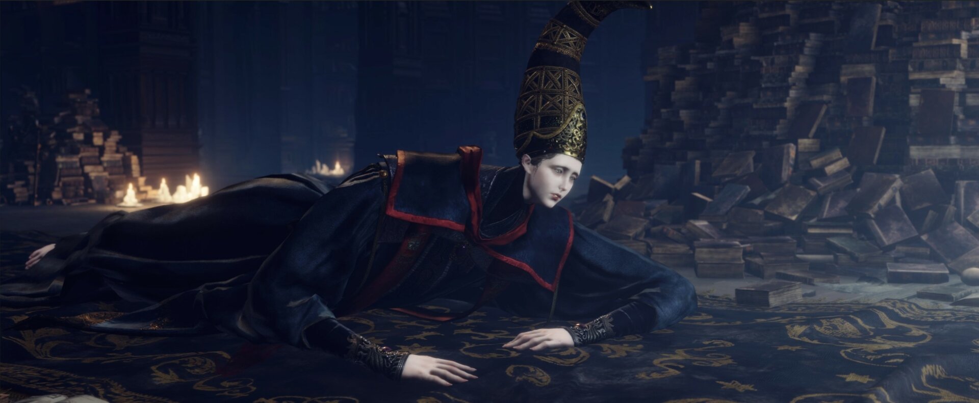 Rennala crawling on the floor of the library at the Academy of Raya Lucaria