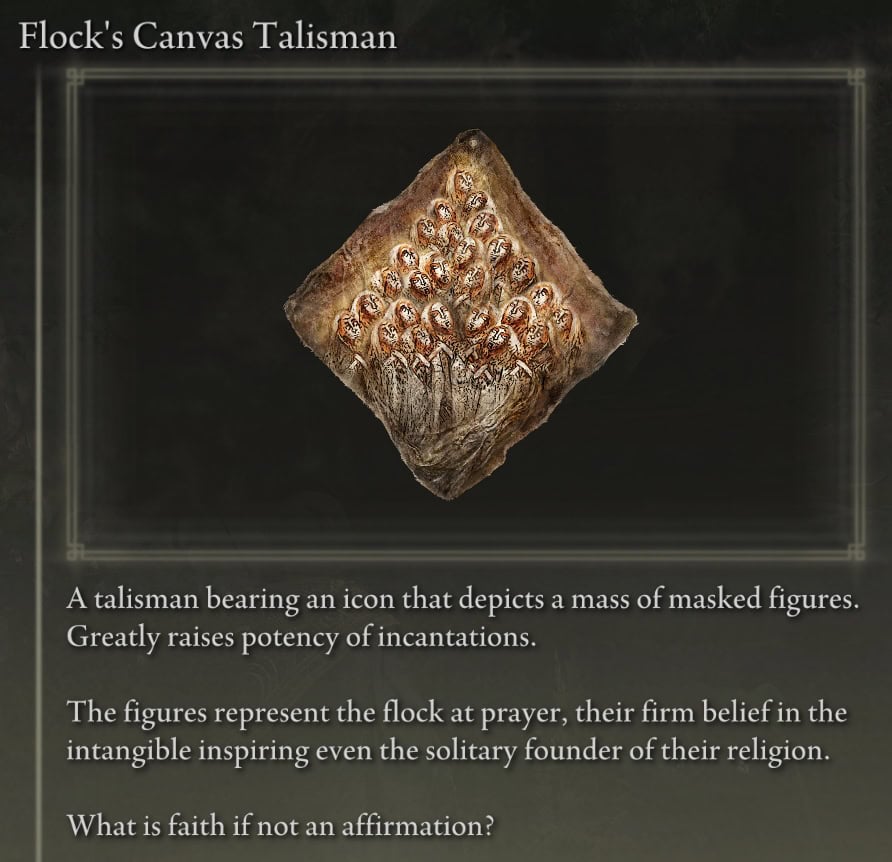 Flock's Canvas Talisman - item description in Elden Ring