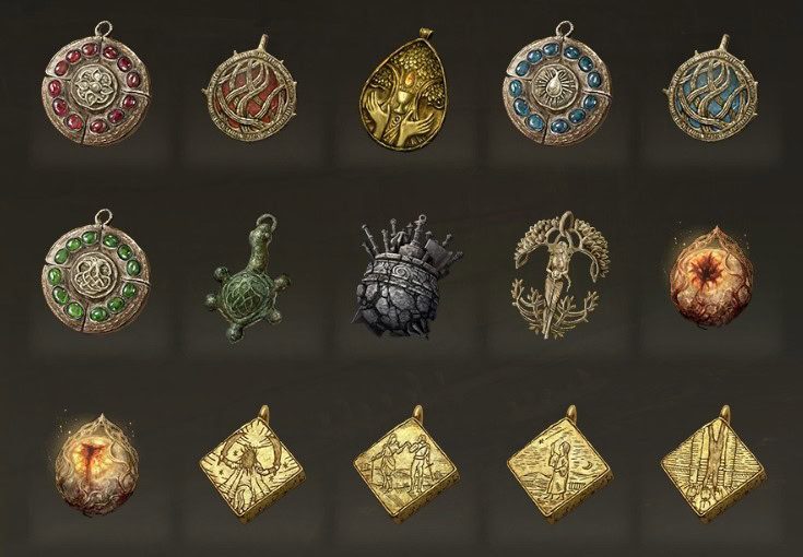 Talismans from Elden Ring, 3 rows of 5 each, displaying some of the generic Talismans in the game