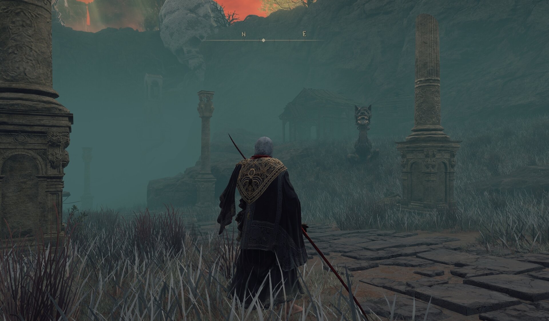 Gowry's shack in the background with a T-rex pupper monster guarding it