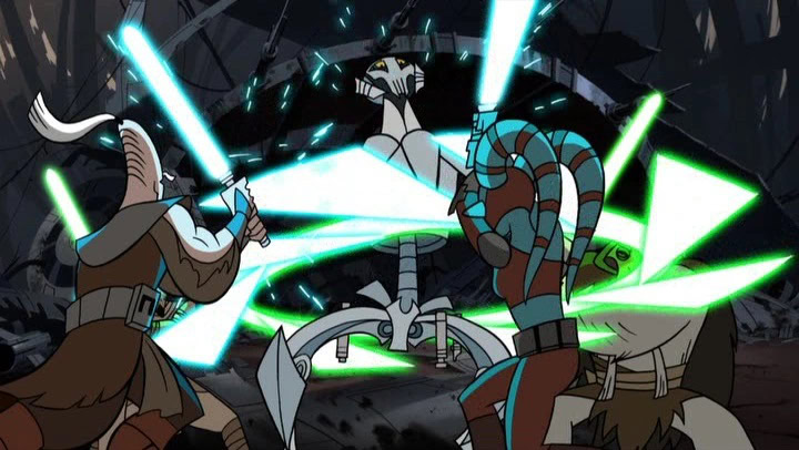 A fight sequence from the original Clone Wars shots, Grievous fighting Jedi