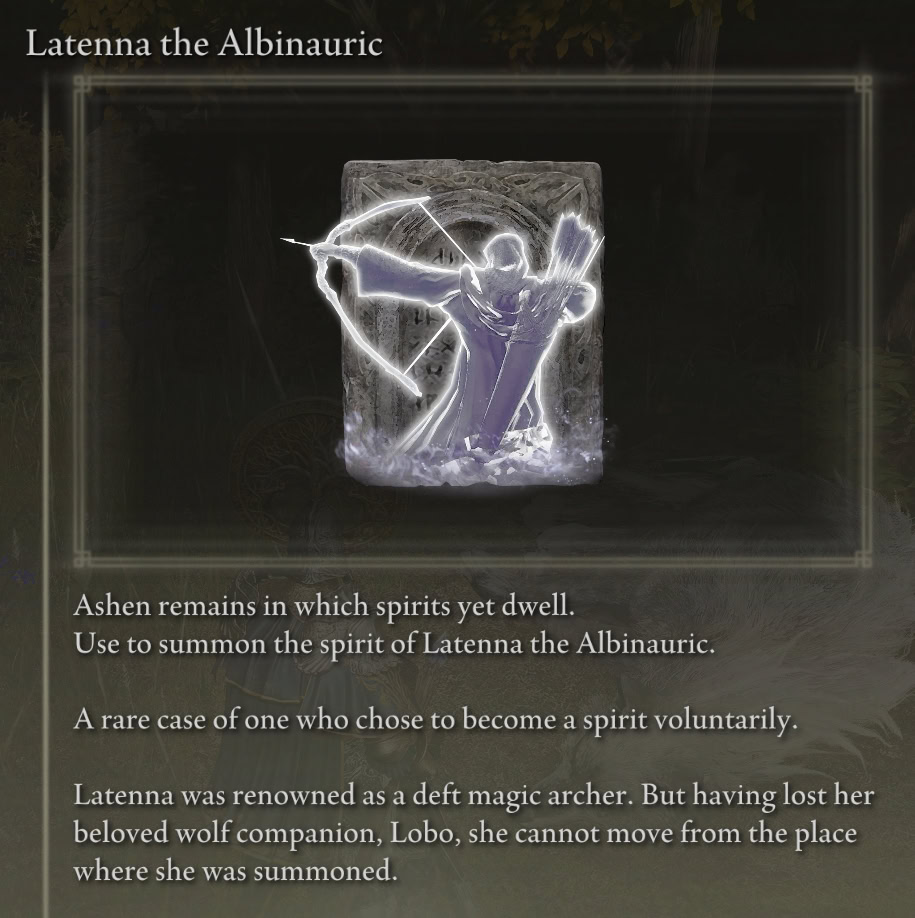 Latenna the Albinauric, item description from Elden Ring
