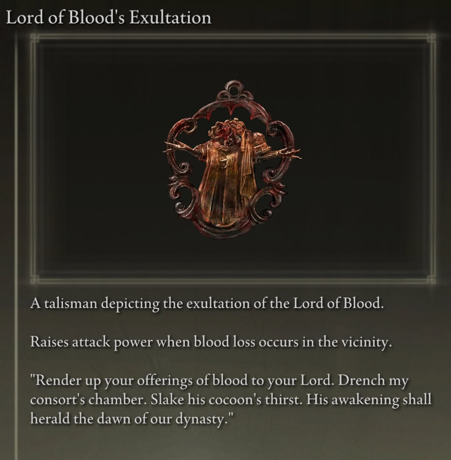 Recommended Talismans for Elden Ring Bleed Build: Lord of Blood Exultation