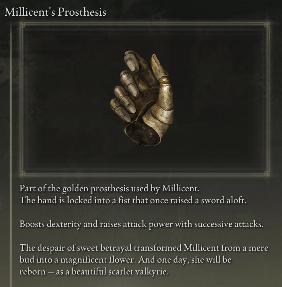 Millicent's Prosthesis, item description in Elden Ring