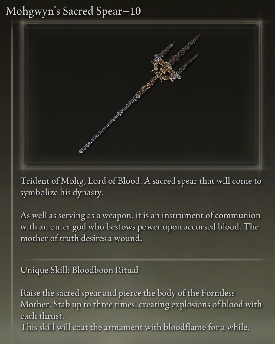 Recommended Melee Weapon for Elden Ring Bleed Build: Mohgwin's Sacred Spear