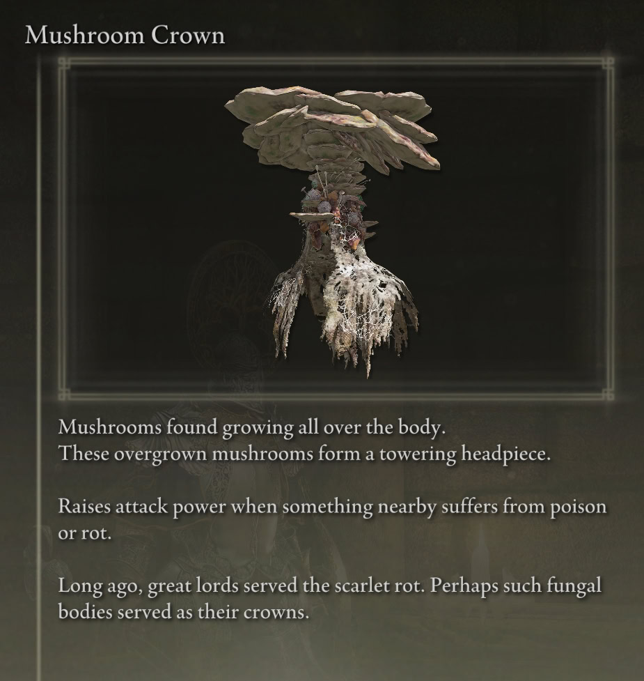 Mushroom Crown, item description from Elden Ring