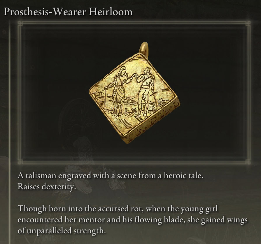 Prosthesis-Wearer's Heirloom talisman, item description in Elden Ring