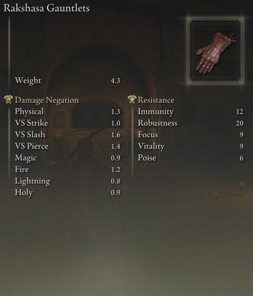 Shadow of the Erdtree Rakshasa Armor Set - gauntlets stats