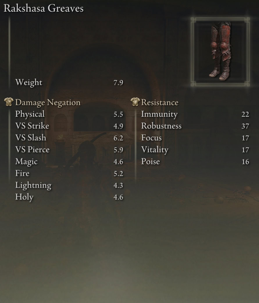 Shadow of the Erdtree Rakshasa Armor Set - greaves stats
