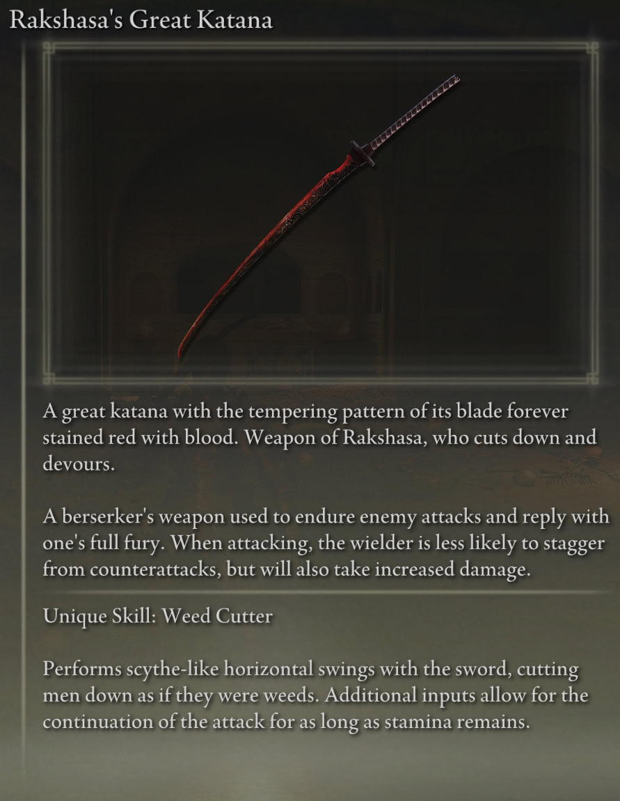 Rakshasa Great Katana description in Elden Ring