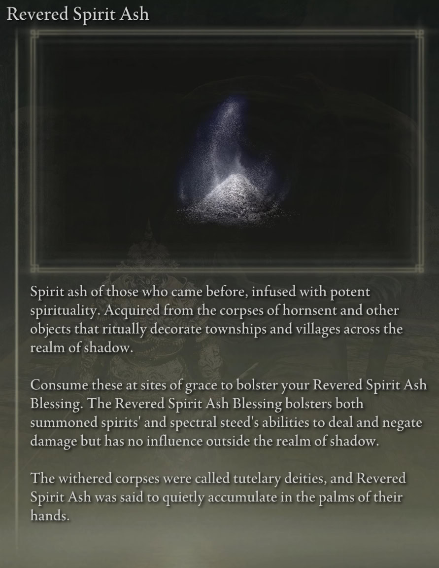 Revered Spirit Ash item description in Elden Ring