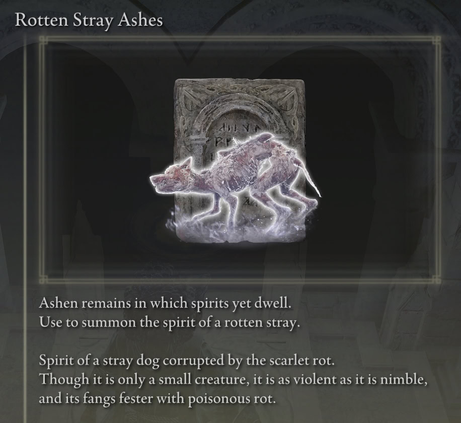 Rotten Stray Ashes - item description in Elden Ring