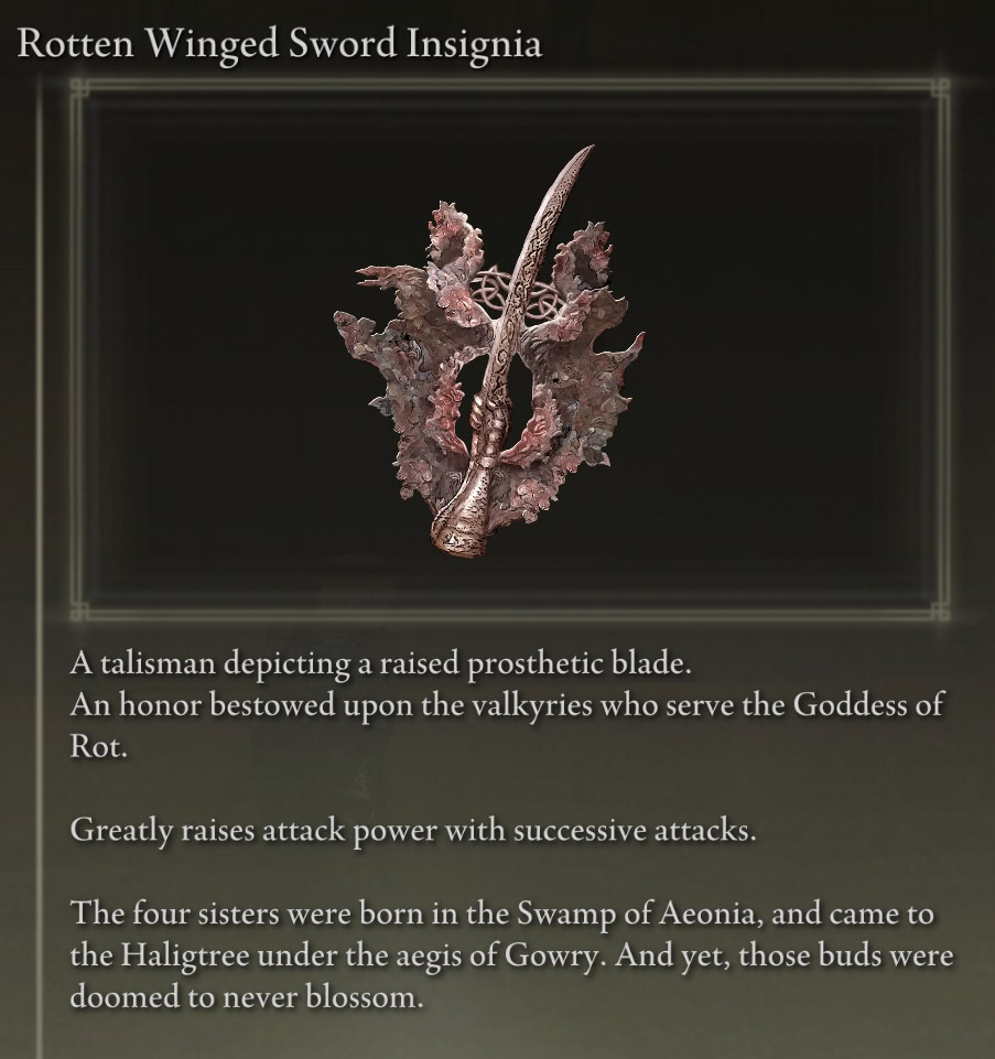Recommended Talismans for Elden Ring Bleed Build: Rotten Winged Sword Insignia
