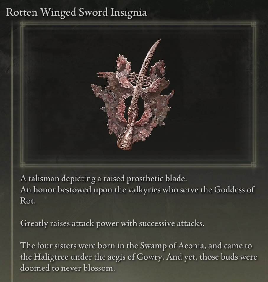Rotted Winged Sword Insignia, Elden Ring item description