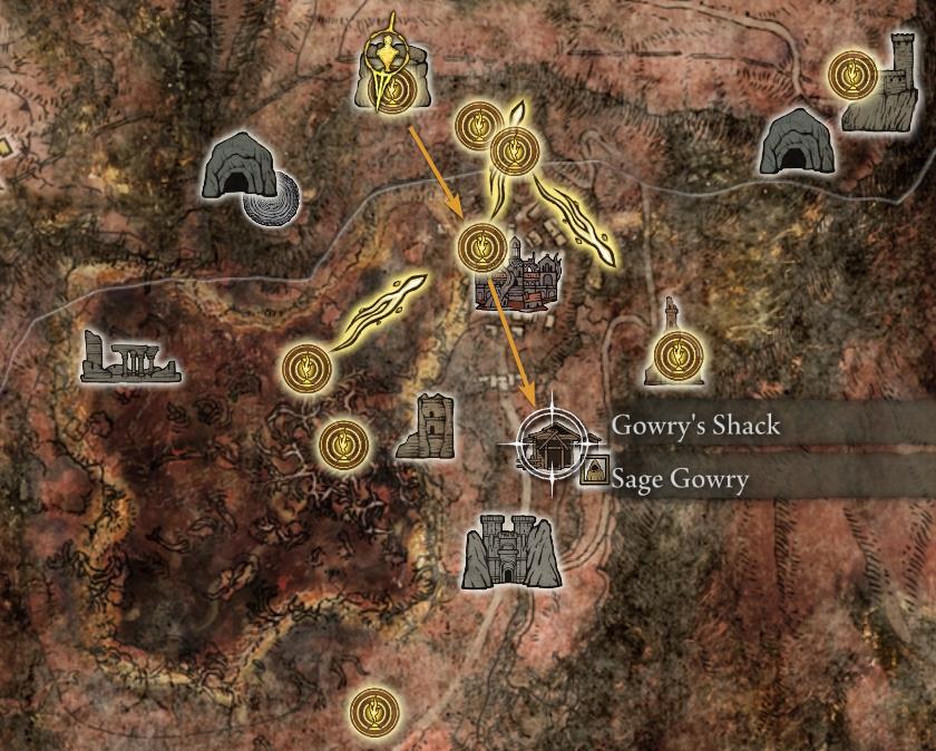 Map with the path from the Crystal Tunnel to Gowry's Shack in Caelid, Elden Ring