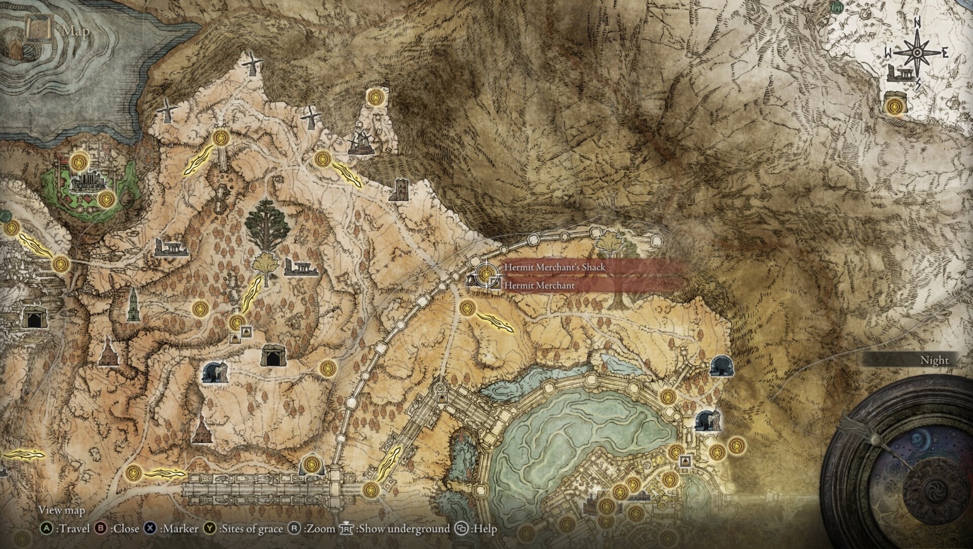 Sentry's Torch item description and inventory overview of the Hermit Merchant at a shack inside the outer wall of Lyndell on the Altus Plateau in Elden Ring - map