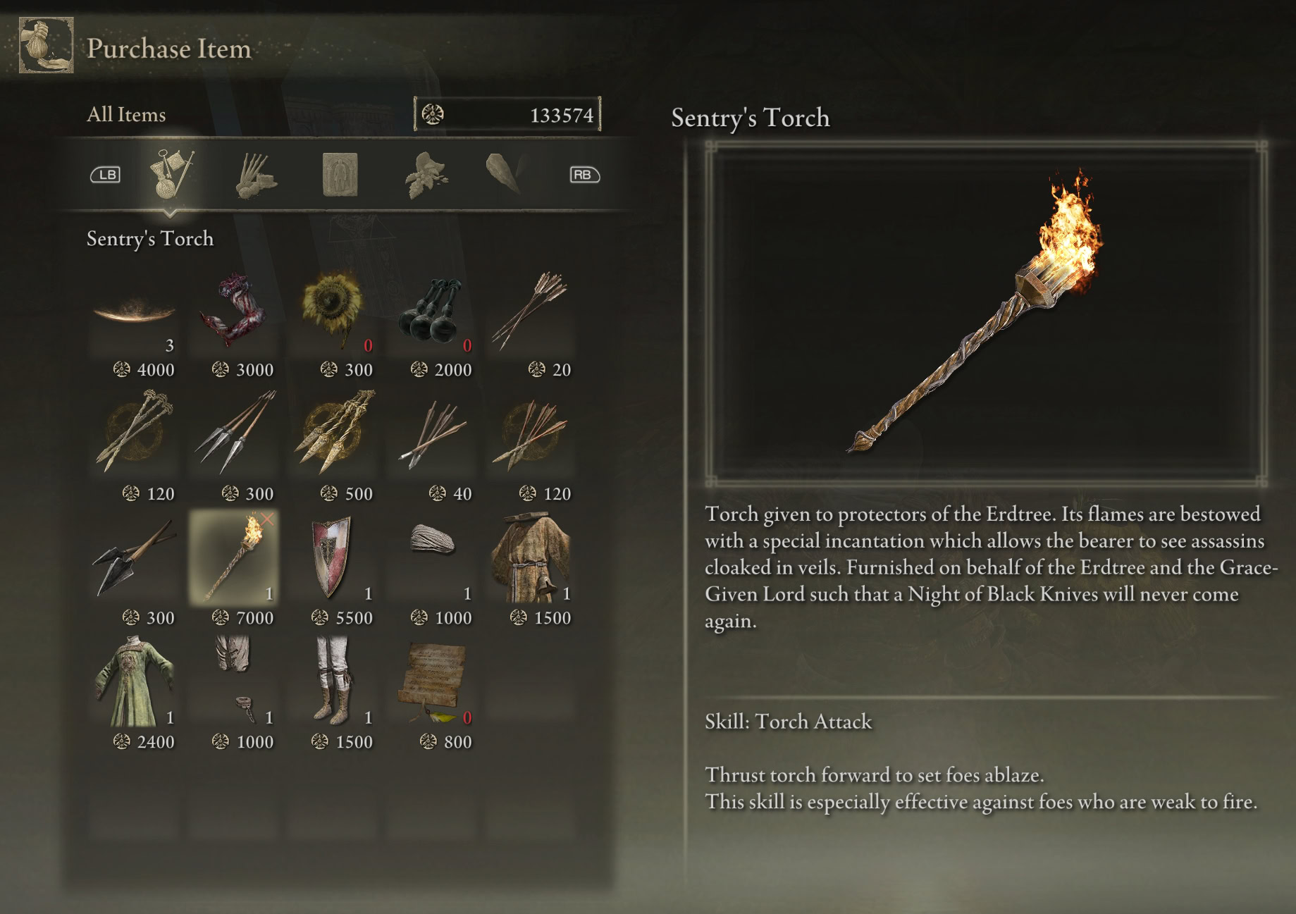 Sentry's Torch item description and inventory overview of the Hermit Merchant at a shack inside the outer wall of Lyndell on the Altus Plateau in Elden Ring