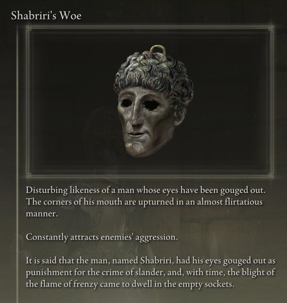 Shabriri's Woe, item description from Elden Ring