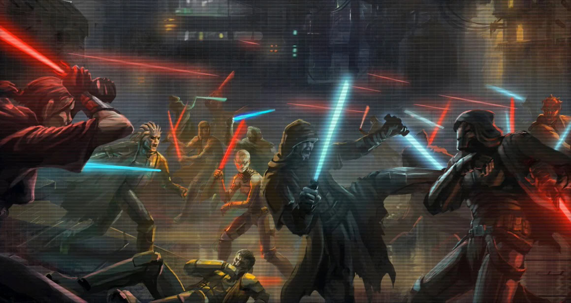 A scene depicting a mass duel between Sith and Jedi of the Old Republic